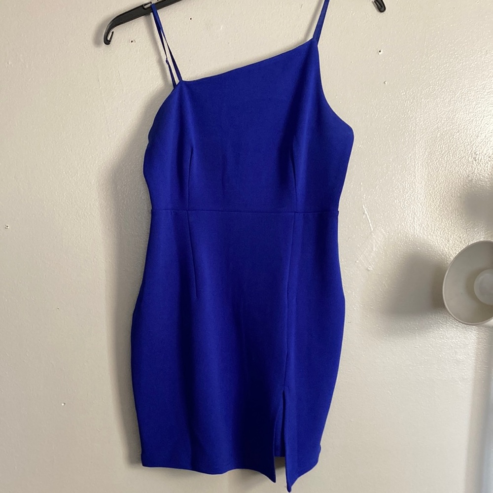 One shoulder Blue dress with slit on side. Adjustable straps